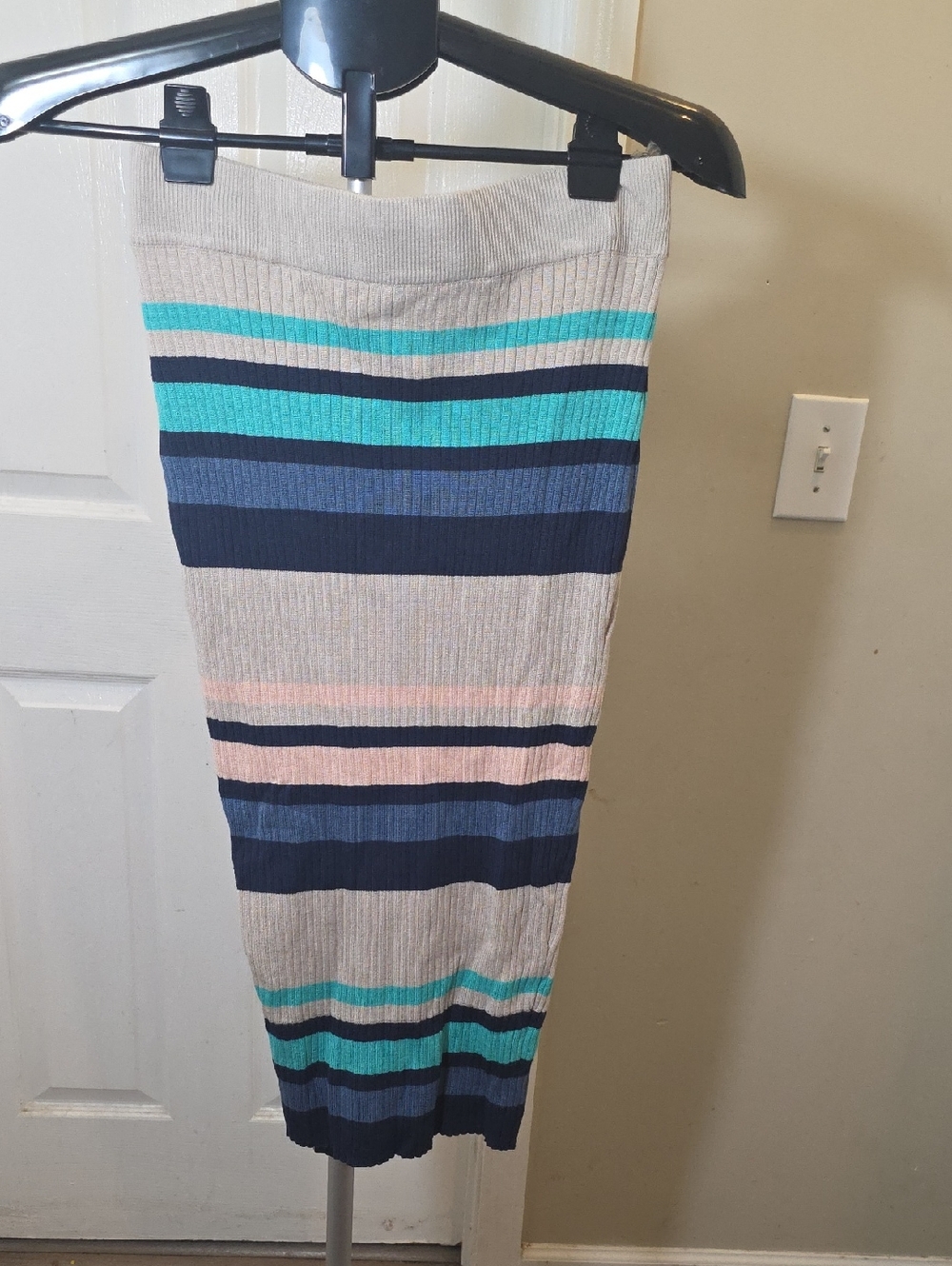 Say What? Striped Ribbed Pencil Skirt in Beige, Navy, Teal & Blush
